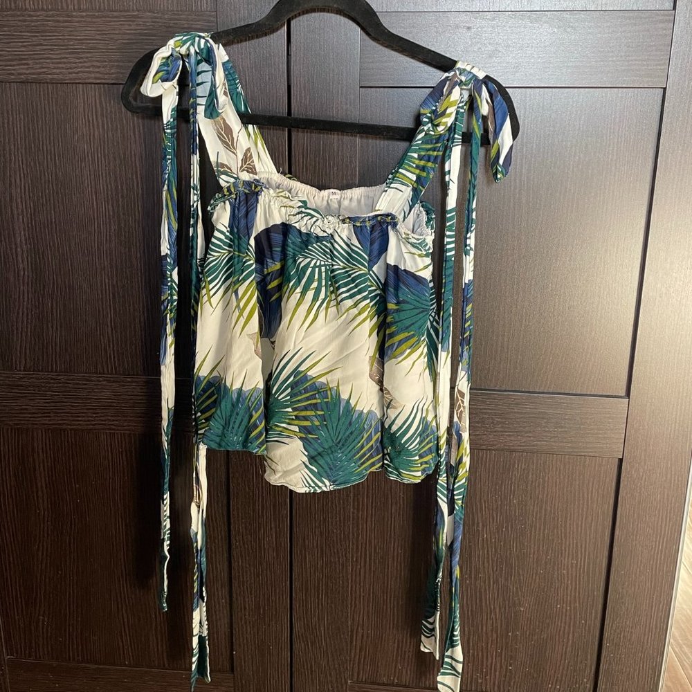 Size Small - Cropped, Tropical Style Tank with ties at Shoulders.